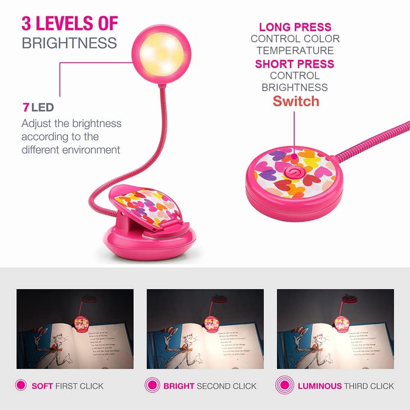 Vekkia Cute Rechargeable Book Light, Eye-Care Clip on Lights for Reading in Bed, 3 Colors & 3 Brightness, 1.8oz Lightweight, Up to 40 Hours Useage, Great Gifts for Kids & Readers (Rose Red) - Image 3